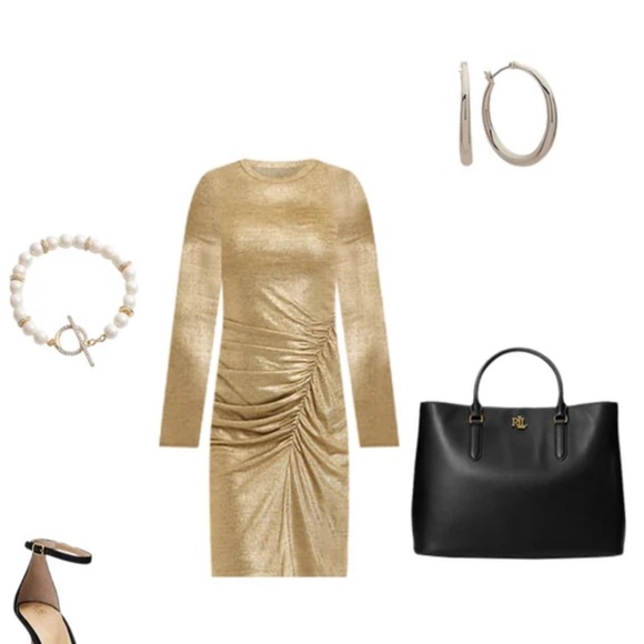 Long Sleeve Side Ruch Solid Foil Jersey Sheath Dress - Picture 4 of 5